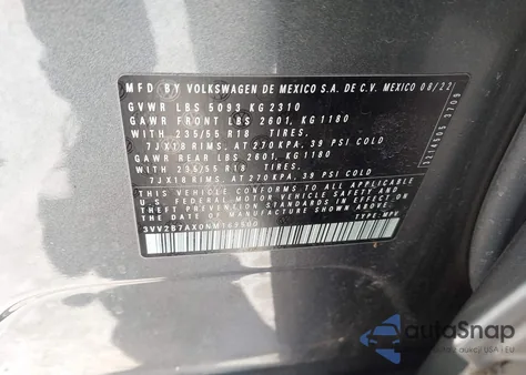 2022 Volkswagen Tiguan 2.0T Se z USA, uszkodzony, nr VIN 3VV2B7AX0NM169500